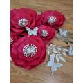 DO IT YOURSELF SET OF 5 PAPER FLOWERS WITH PAPER BUTTERFLIES AND LEAVES RED AND SILVER, Nursery p...