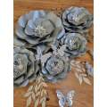 DO IT YOURSELF SET OF 5 PAPER FLOWERS WITH PAPER BUTTERFLIES AND LEAVES GREY AND SILVER, Nursery ...