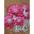 DO IT YOURSELF SET OF 5 PAPER FLOWERS WITH PAPER BUTTERFLIES AND LEAVES BRIGHT PINK/CERISE AND SI...