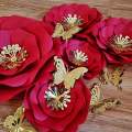 DO IT YOURSELF SET OF 5 PAPER FLOWERS WITH PAPER BUTTERFLIES AND LEAVES RED AND GOLD, Nursery pap...