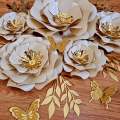 DO IT YOURSELF SET OF 5 PAPER FLOWERS WITH PAPER BUTTERFLIES AND LEAVES CREAM AND GOLD, Nursery p...