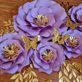 DO IT YOURSELF SET OF 5 PAPER FLOWERS WITH PAPER BUTTERFLIES AND LEAVES LILAC/PURPLE AND GOLD, Nu...