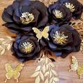 DO IT YOURSELF SET OF 5 PAPER FLOWERS WITH PAPER BUTTERFLIES AND LEAVES BLACK AND GOLD, Nursery p...