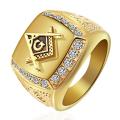 Fashion Gold Titanium Steel Finger Ring Rhinestone Free-Mason Logo Jewelry Gift for Men - Gold / 12