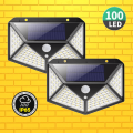 TWIN PACK  (2 X Pcs) 100 LED Solar Powered Wall Lamp with Motion Sensor with Built in Li-ion Battery