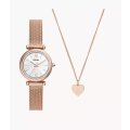 Fossil Carlie Three-Hand Rose Gold-Tone Stainless Steel Mesh Woman's Watch and Necklace Box Set | ES