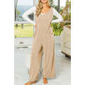 Parchment Corded Tie Straps V Neck Wide Leg Jumpsuit