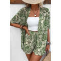 Green Vintage Floral Print Open Top and Shorts Outfit