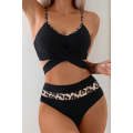 Black Leopard Splicing Criss Cross Tie Spaghetti Straps  High Waisted Bikini
