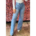 Light Blue Floral Rhinestone Decor High Rise Wide Leg Jeans