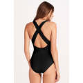 Black Deep V Neck Crossover Backless Ruched High Cut Monokini