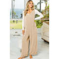 Parchment Corded Tie Straps V Neck Wide Leg Jumpsuit