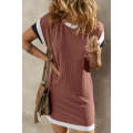 Light French Beige Textured Colorblock Edge Patched Pocket T Shirt Dress
