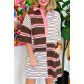 Brown Stripe Striped Textured Patchwork Buttoned T Shirt Dress