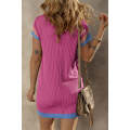 Rose Red Textured Colorblock Edge Patched Pocket T Shirt Dress