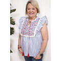 Sky Blue Striped Embroidered Tassel Tie Neck Frilled Trim Plus Blouse