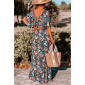 Sky Blue Floral Knotted Back Square Neck Maxi Dress