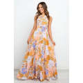 Orange Boho Floral Backless Lace up Sleeveless Maxi Dress