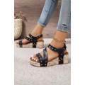 Black Rivet Hollow Out Leather Wedge Sandals