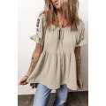 Smoke Gray Crinkle Embroidered Patched Bubble Sleeve Tied Neck Blouse
