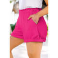 Bright Pink Plus Size Rolled Edge Ruffled Elastic Waist Textured Shorts