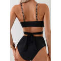 Black Leopard Splicing Criss Cross Tie Spaghetti Straps  High Waisted Bikini