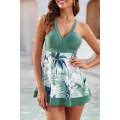 Green Floral Patchwork V Neck Swimdress with Shorts