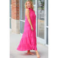 Rose Red High Frilled Neck Tiered Sleeveless Maxi Dress