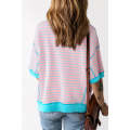 Pink Stripe Oversized Contrast Trim Exposed Seam High Low T Shirt