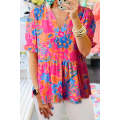 Rose Abstract Print Smocked Puff Sleeve V Neck Blouse