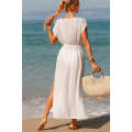 White Flowy Drawstring Side Slit Beach Dress