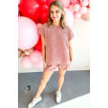 Rose Pink Two Piece Knitted Short Sleeve Top and Shorts Set