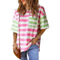 Pink Stripe Contrast Patch Pocket Drop Sleeve T Shirt