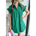 Bright Green Shirred Ruffle Sleeve Button Up Short Dress