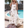 White Tropical Print Smocked Ruffled Straps Maxi Dress