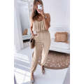 Parchment Spaghetti Straps Ruffles Overlay Smocked Jogger Jumpsuit