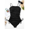 Black Ribbed Drawstring Sides Cutout One Piece Swimsuit