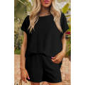 Black Solid Geometric Textured Loose Two Piece Shorts Set