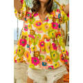 Green Floral Print V Neck Puff Sleeve Summer Blouse