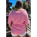 Pink Plus Size Waffle Knit Exposed Seam V Neck Henley T-shirt