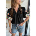 Black Floral Embroidered Puff Sleeve Split Neck Blouse