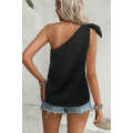 Black Textured Bowknot One Shoulder Tank Top