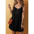 Black Button V Neck Frilly Tiered Sleeveless Dress