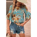 Mineral Blue Flare Sleeve Floral Blouse