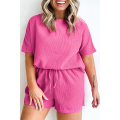 Rose Red Solid Waffle Knit Plus Size Two Piece Set