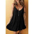 Black Button V Neck Frilly Tiered Sleeveless Dress