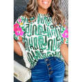 Blackish Green Embroidered Puff Sleeve Frilled Neck Printed Top