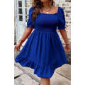Dark Blue Shirred Ruffled Square Neck Plus Size Mini Dress