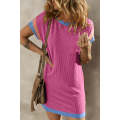 Rose Red Textured Colorblock Edge Patched Pocket T Shirt Dress