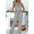 Gray Ribbed Knit Buttons Drawstring Sleeveless Jumpsuit